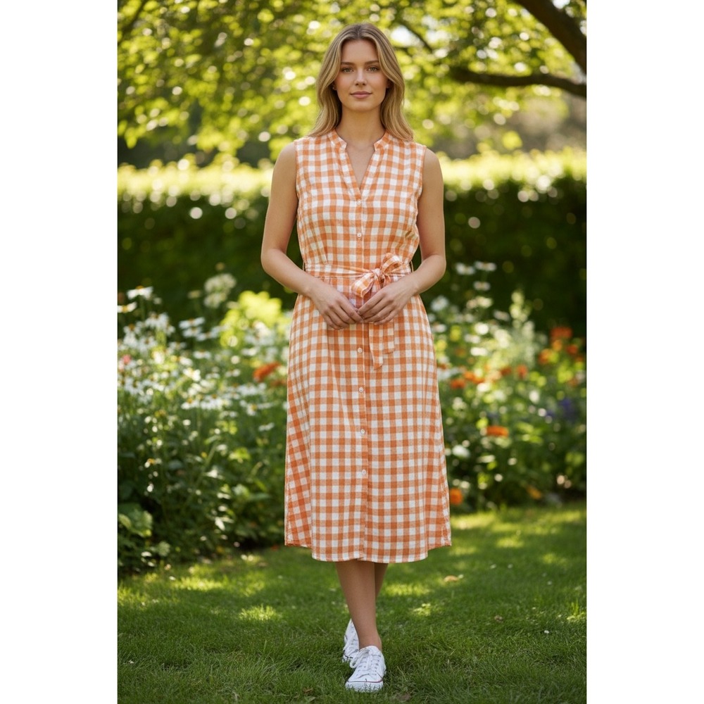 Tommy Bahama Orange Gingham Sleeveless Belted Midi Shirt Dress M Countrycore